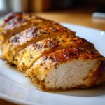 Close-up of perfectly baked and sliced chicken breast, seasoned with herbs and spices.