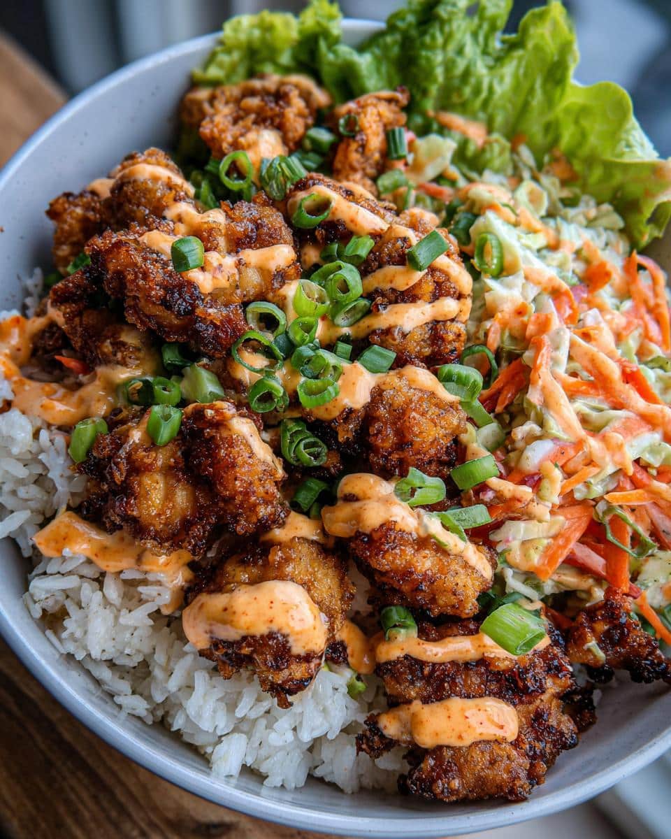 A mouthwatering Bang Bang Chicken Bowl featuring crispy fried chicken, white rice, fresh slaw, and a drizzle of creamy sauce.