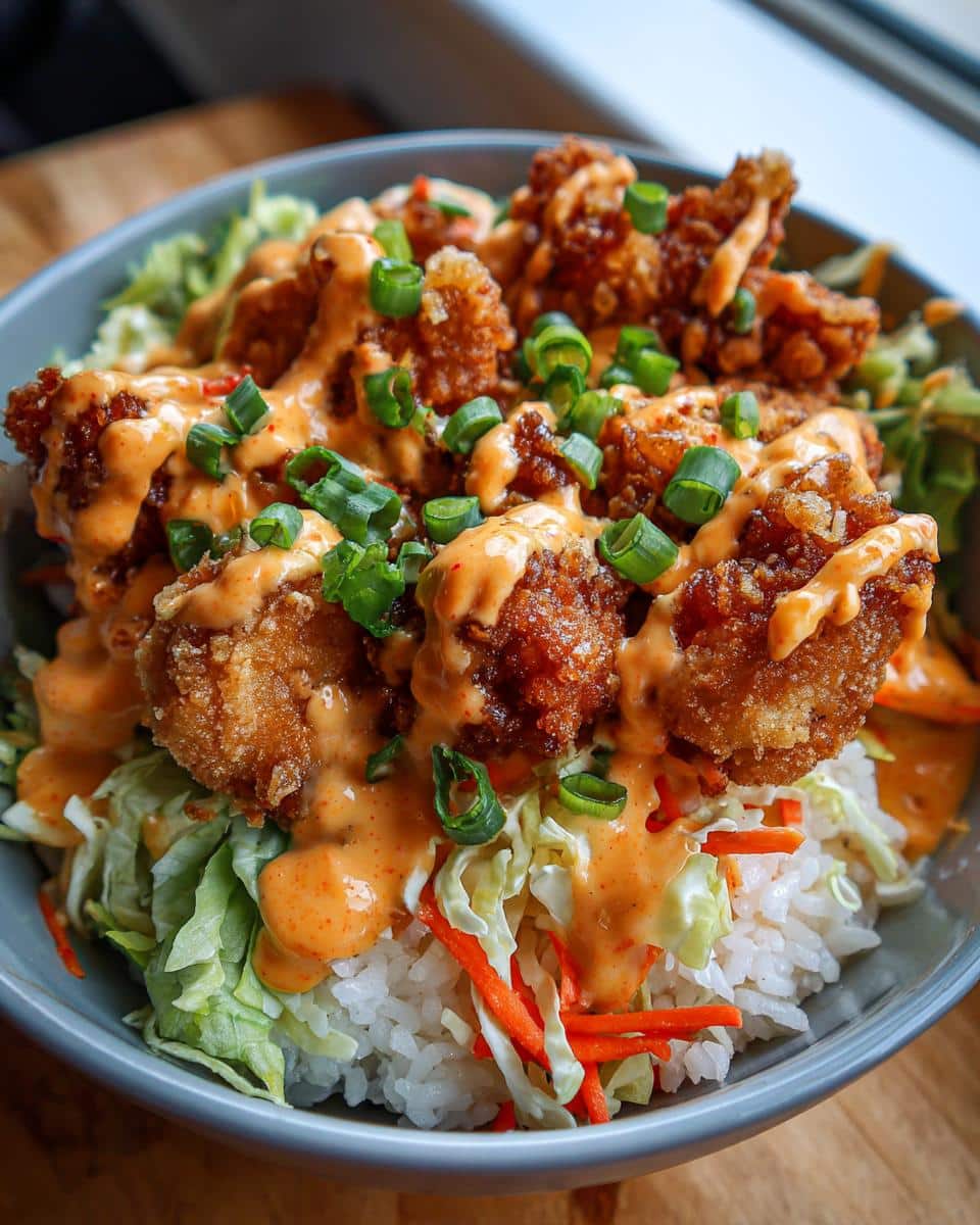 A close-up of a Bang Bang Chicken Bowl featuring crispy fried chicken, rice, shredded lettuce, carrots, and a creamy orange sauce.