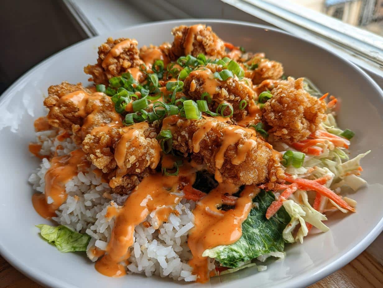 A close-up of a Bang Bang Chicken Bowl with crispy fried chicken, rice, shredded carrots, and a creamy orange sauce.