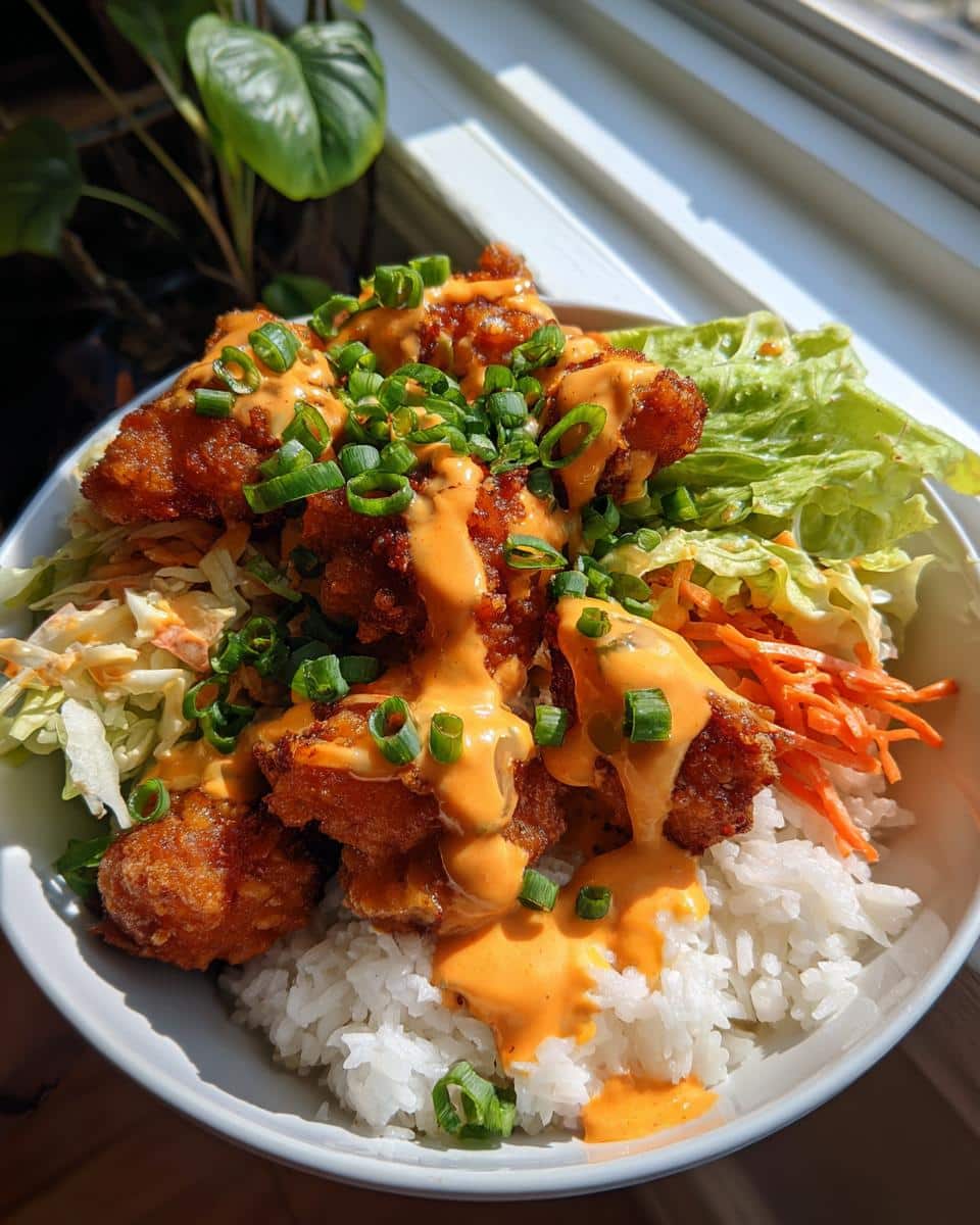 A close-up of a Bang Bang Chicken Bowl featuring crispy fried chicken pieces drizzled with creamy sauce over rice, shredded carrots, and lettuce.