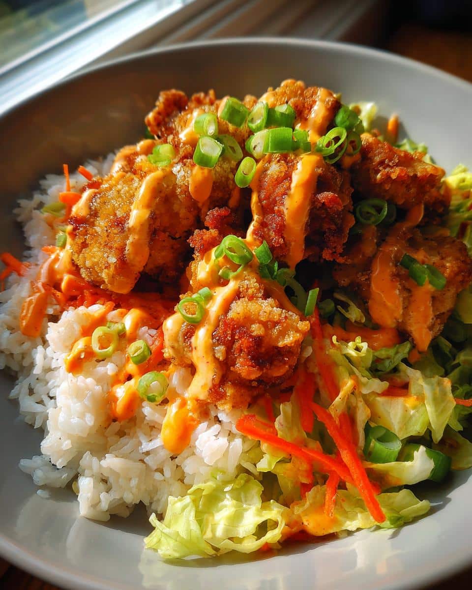 A close-up of a Bang Bang Chicken Bowl featuring crispy fried chicken pieces drizzled with sauce over rice, shredded carrots, and lettuce.