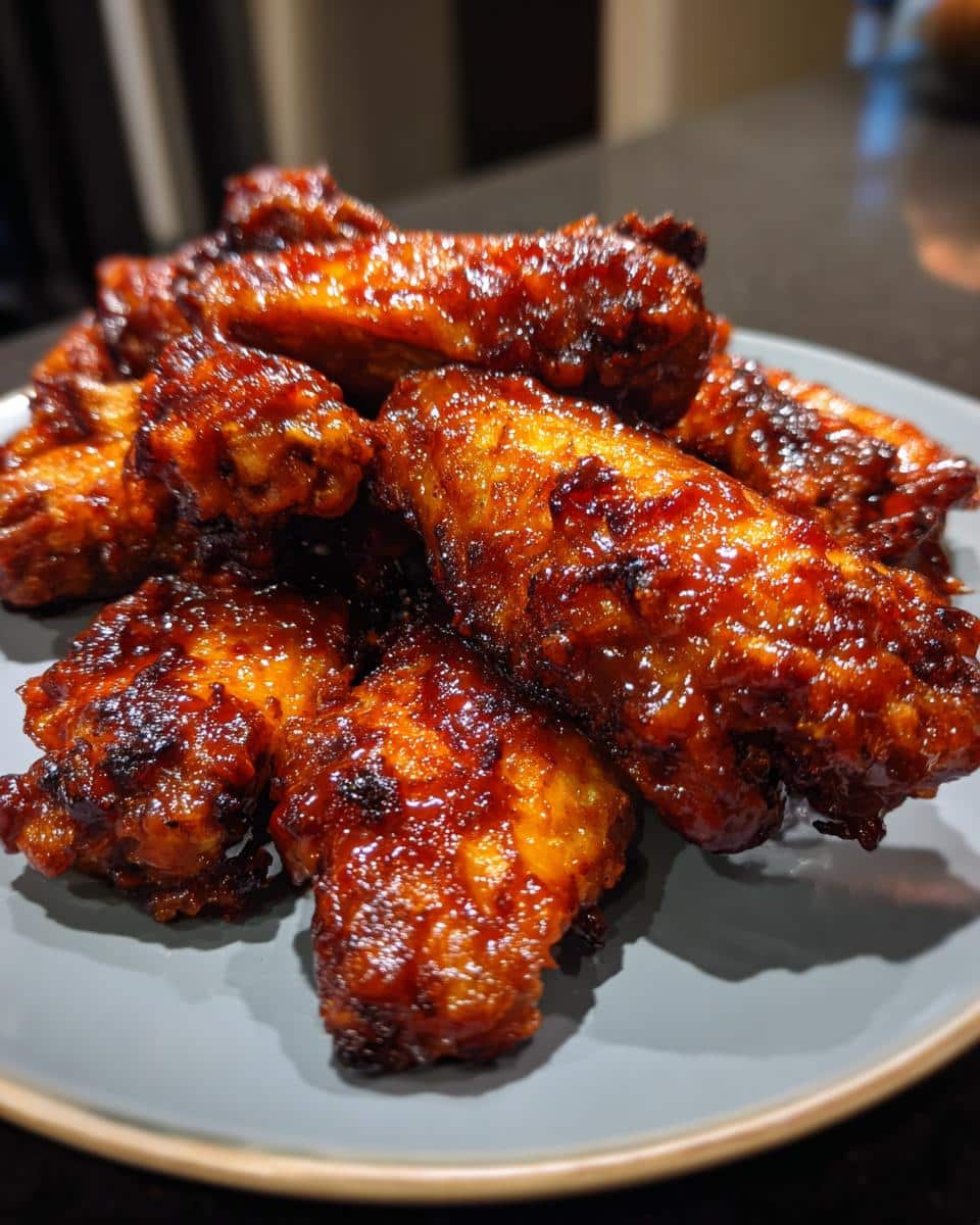 Close-up of a pile of glossy, caramelized BBQ Air Fryer Wings on a grey plate.