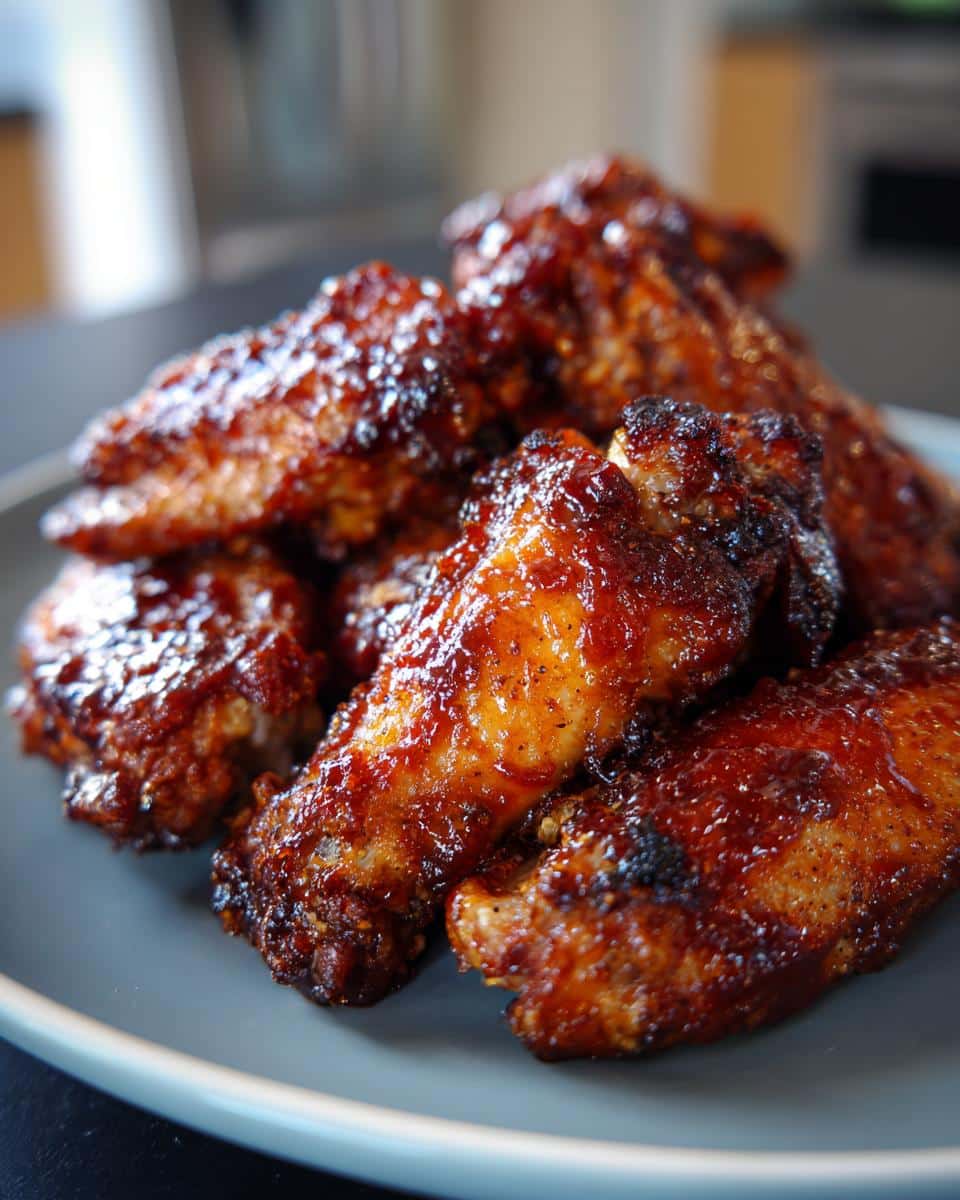 A close-up shot of a pile of glistening BBQ Air Fryer Wings on a grey plate.