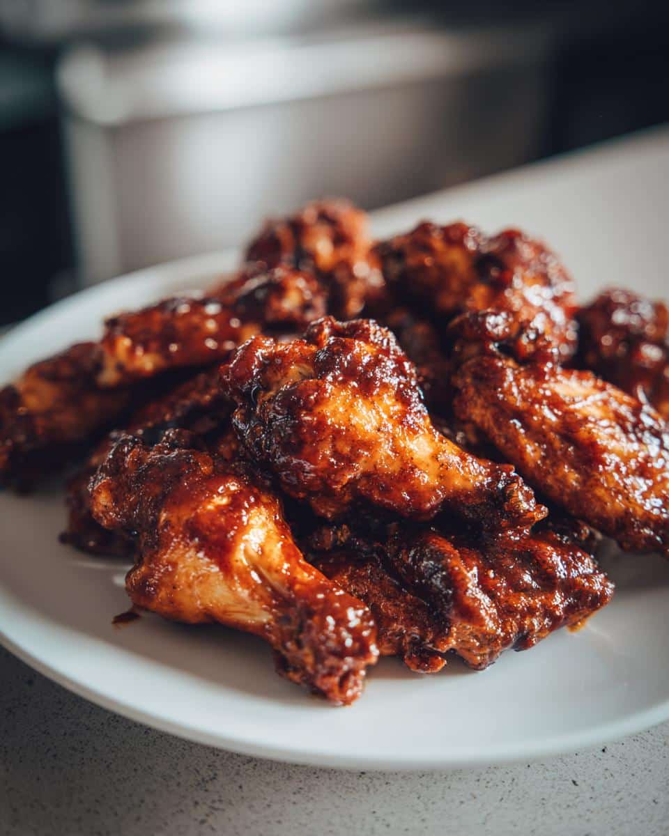 Close-up of a pile of delicious BBQ Air Fryer Wings coated in a glossy sauce, served on a white plate.