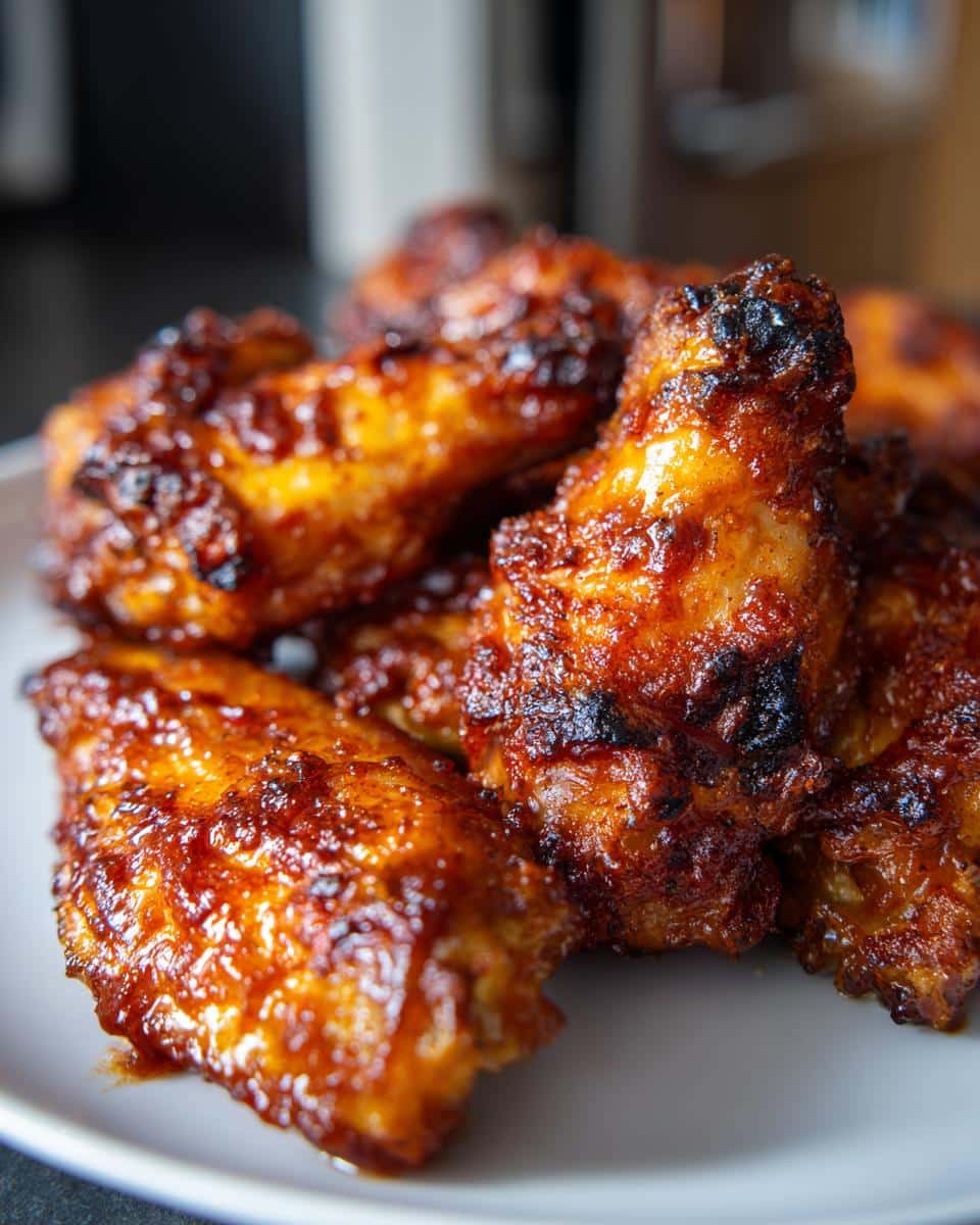 A close-up shot of a pile of crispy BBQ air fryer wings on a white plate, glistening with sauce.