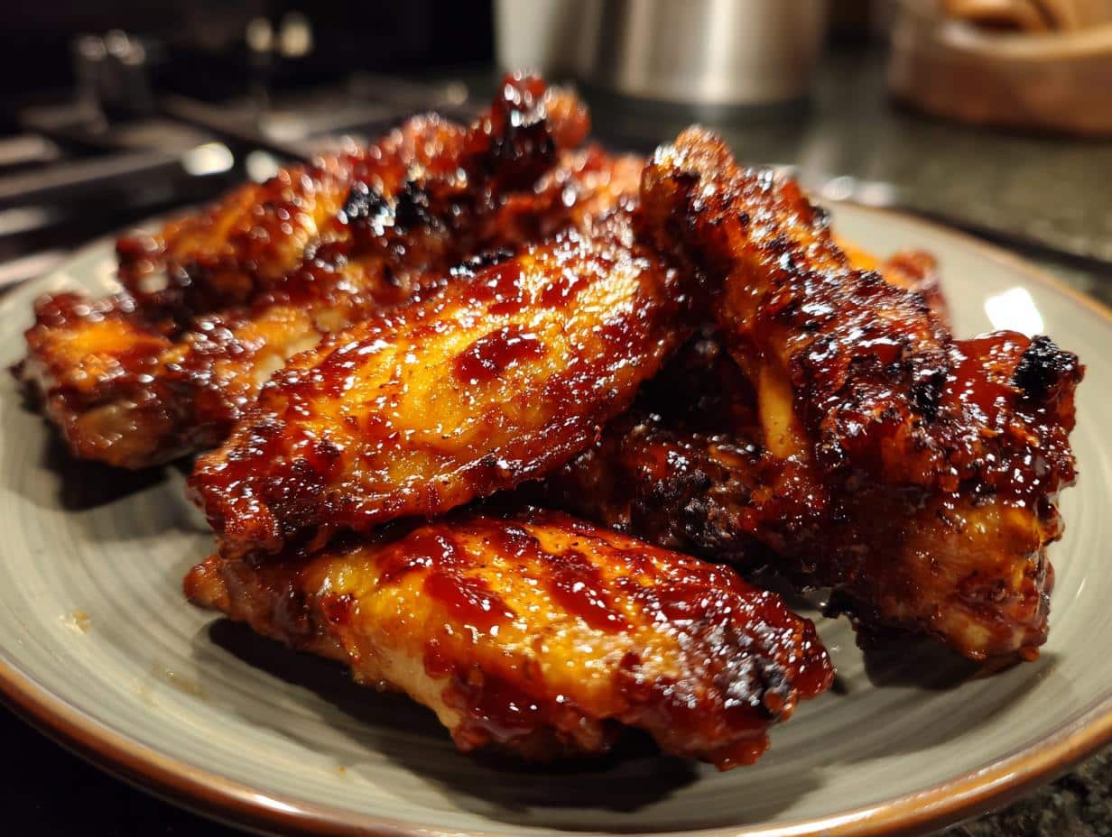 Close-up of a plate piled high with glistening BBQ Air Fryer Wings, perfectly cooked and coated in sauce.