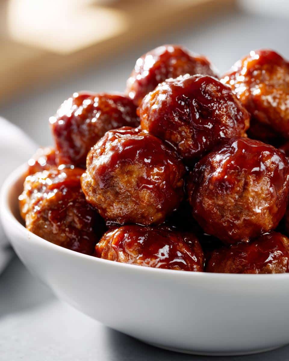 Close-up of a white bowl filled with glistening BBQ meatballs.