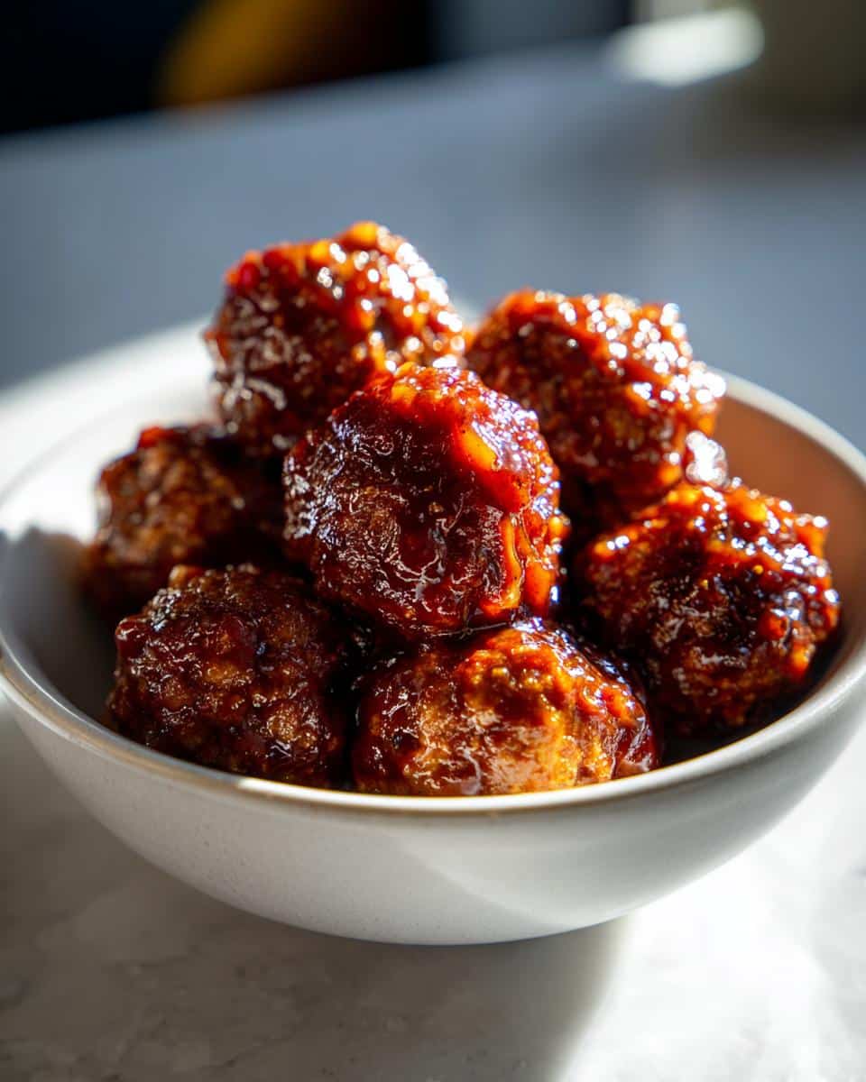 A close-up shot of a bowl filled with glistening BBQ Meatballs, coated in a rich, dark sauce.