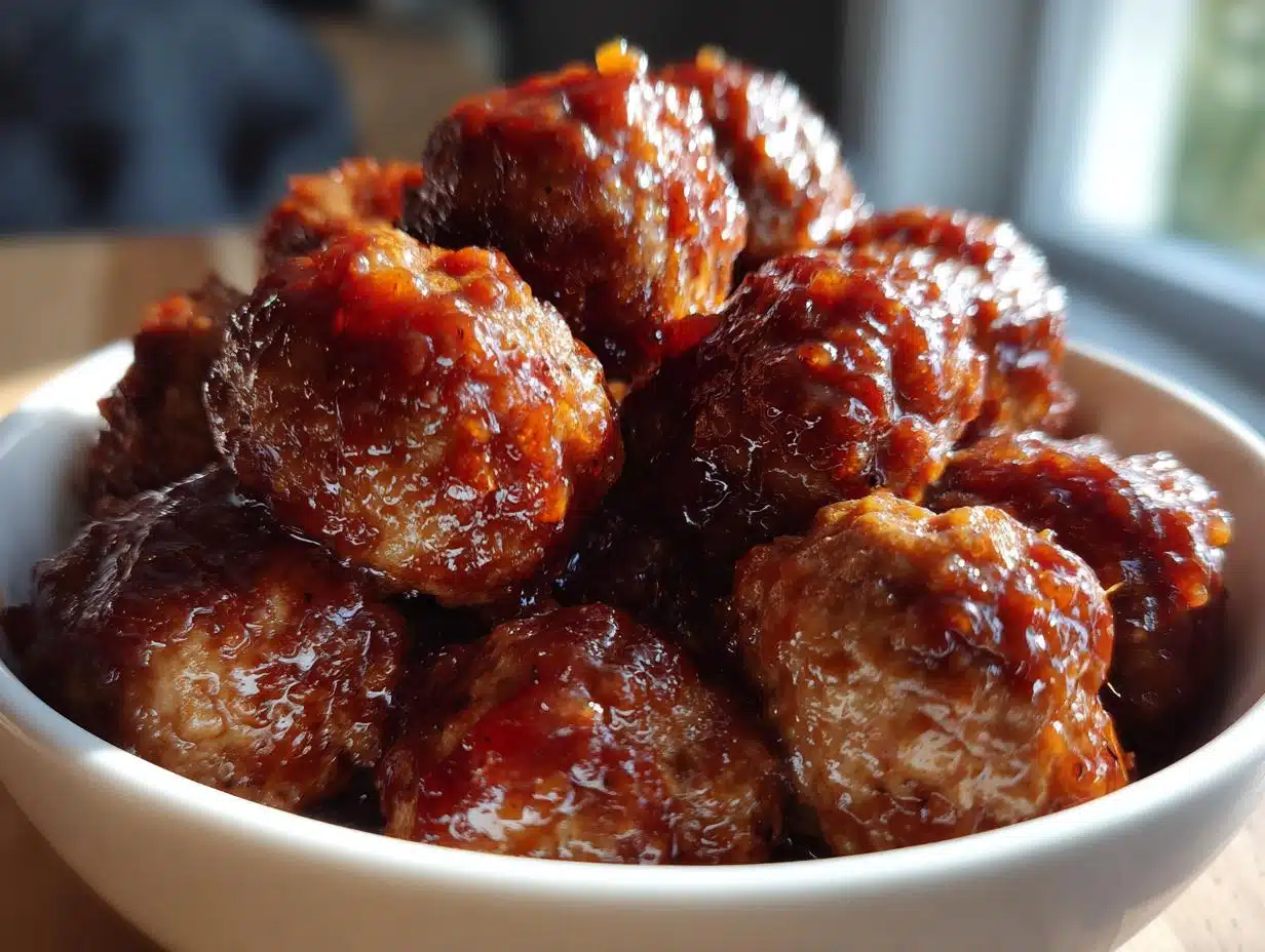 Close-up of a white bowl filled with glistening BBQ Meatballs coated in a rich, dark sauce.