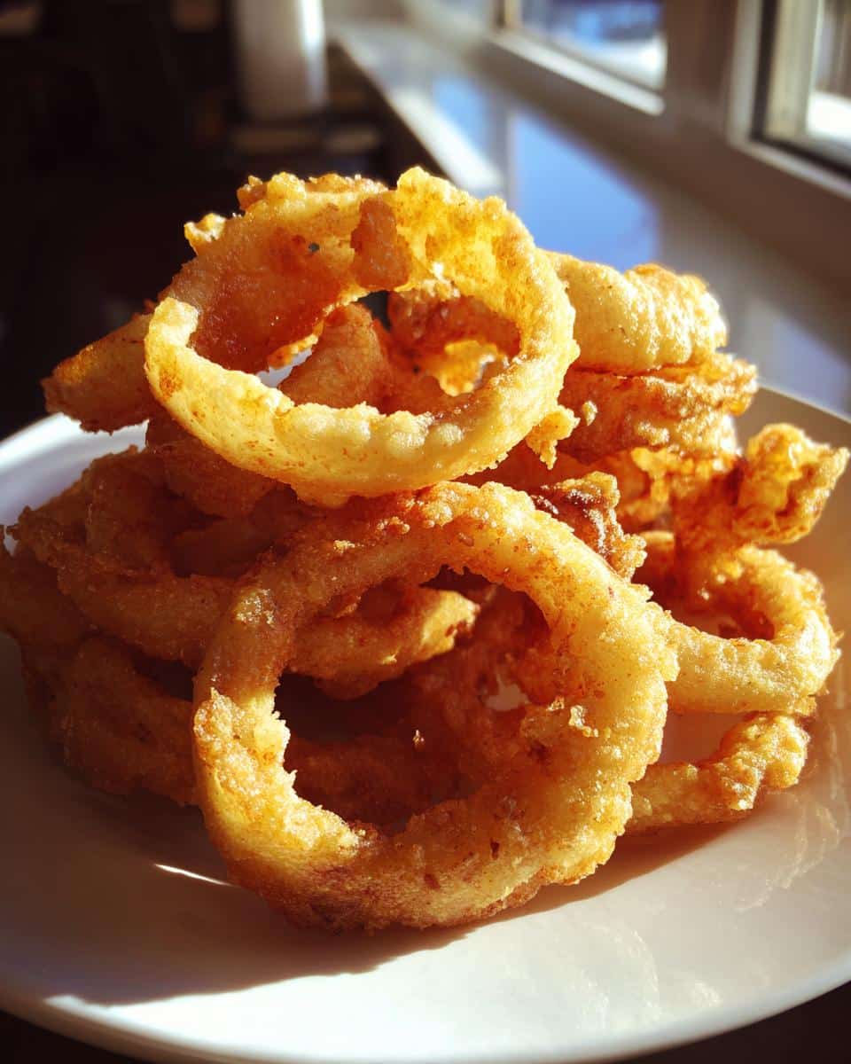 A close-up, sunlit pile of golden-brown, crispy beer-battered onion rings on a white plate.