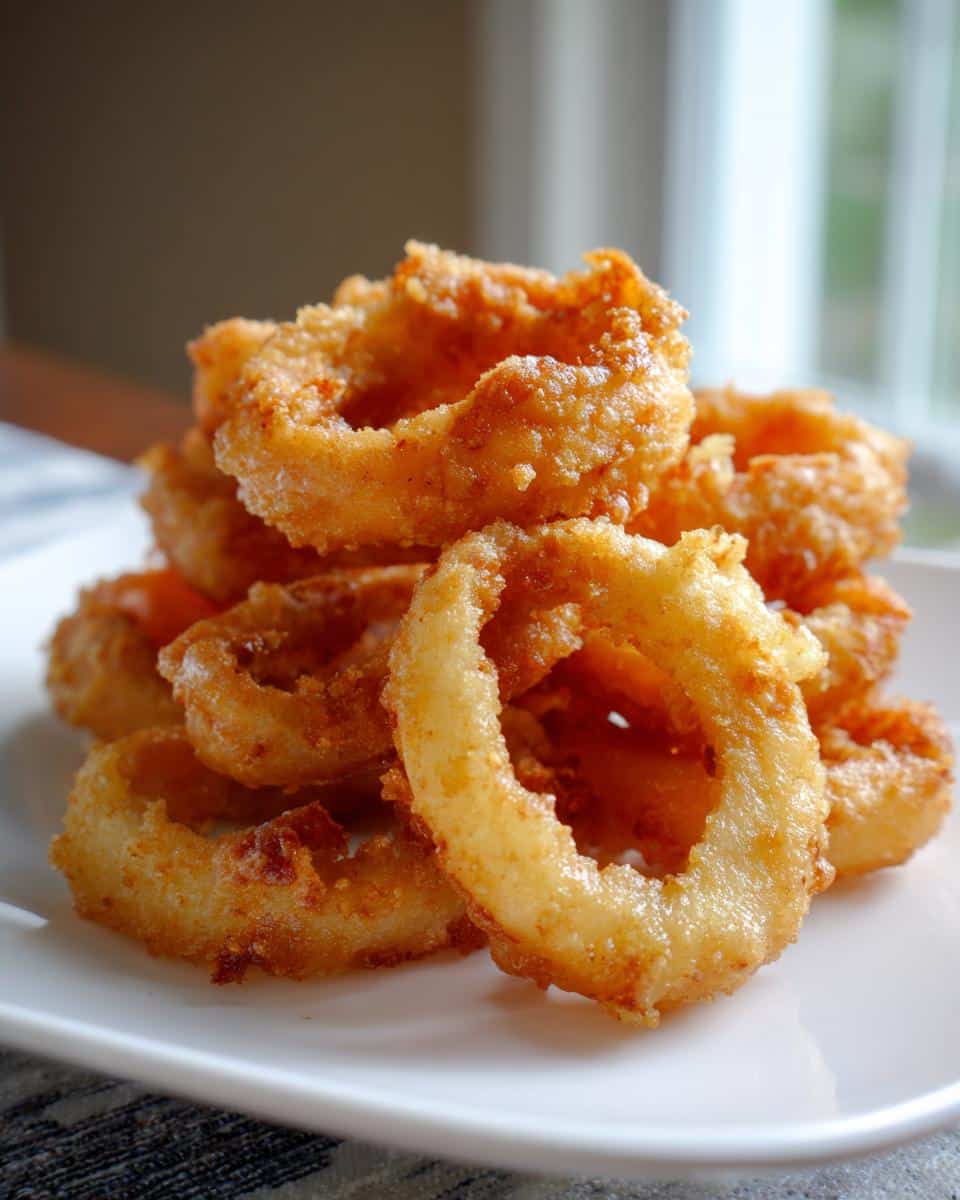 A close-up stack of golden-brown, crispy Beer-Battered Onion Rings on a white plate.