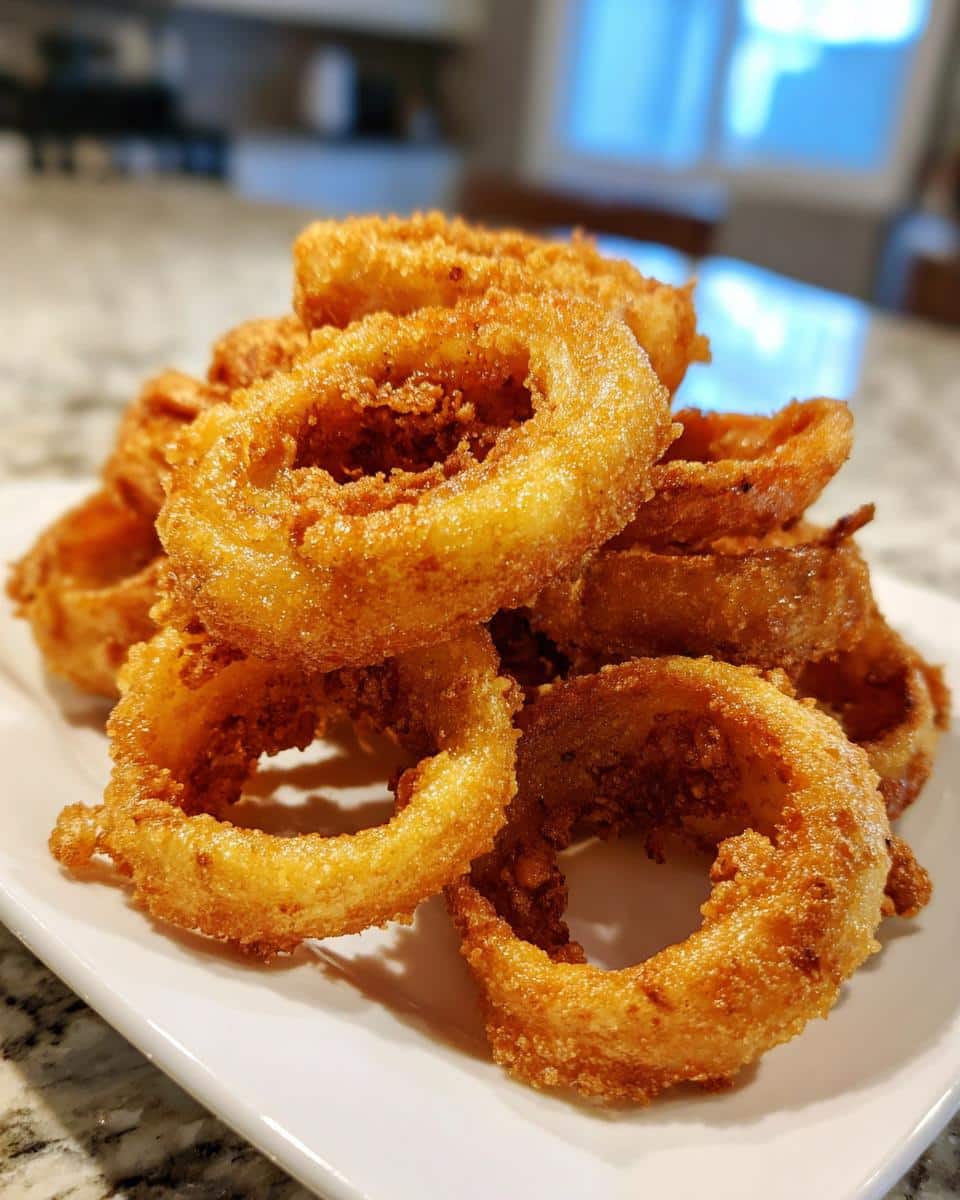 A generous stack of golden-brown, crispy beer-battered onion rings on a white plate.