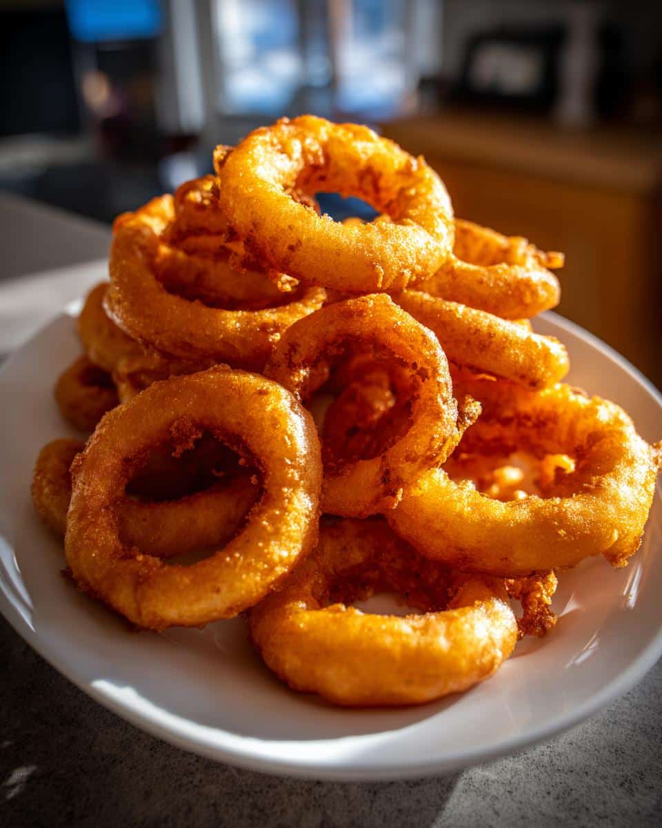 A tall stack of golden-brown, crispy beer-battered onion rings on a white plate.