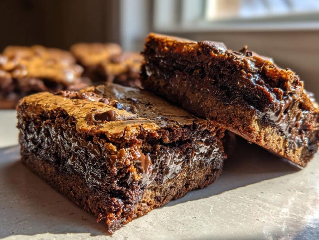 Close-up of two fudgy chewy brookies, showing rich chocolate chips and a gooey center.