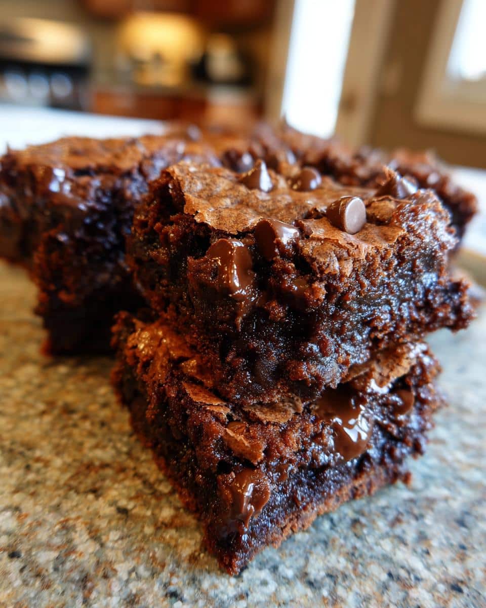 Close up of The Best Fudgy Chewy Brookies (Brookies) stacked on a counter, with melted chocolate chips.