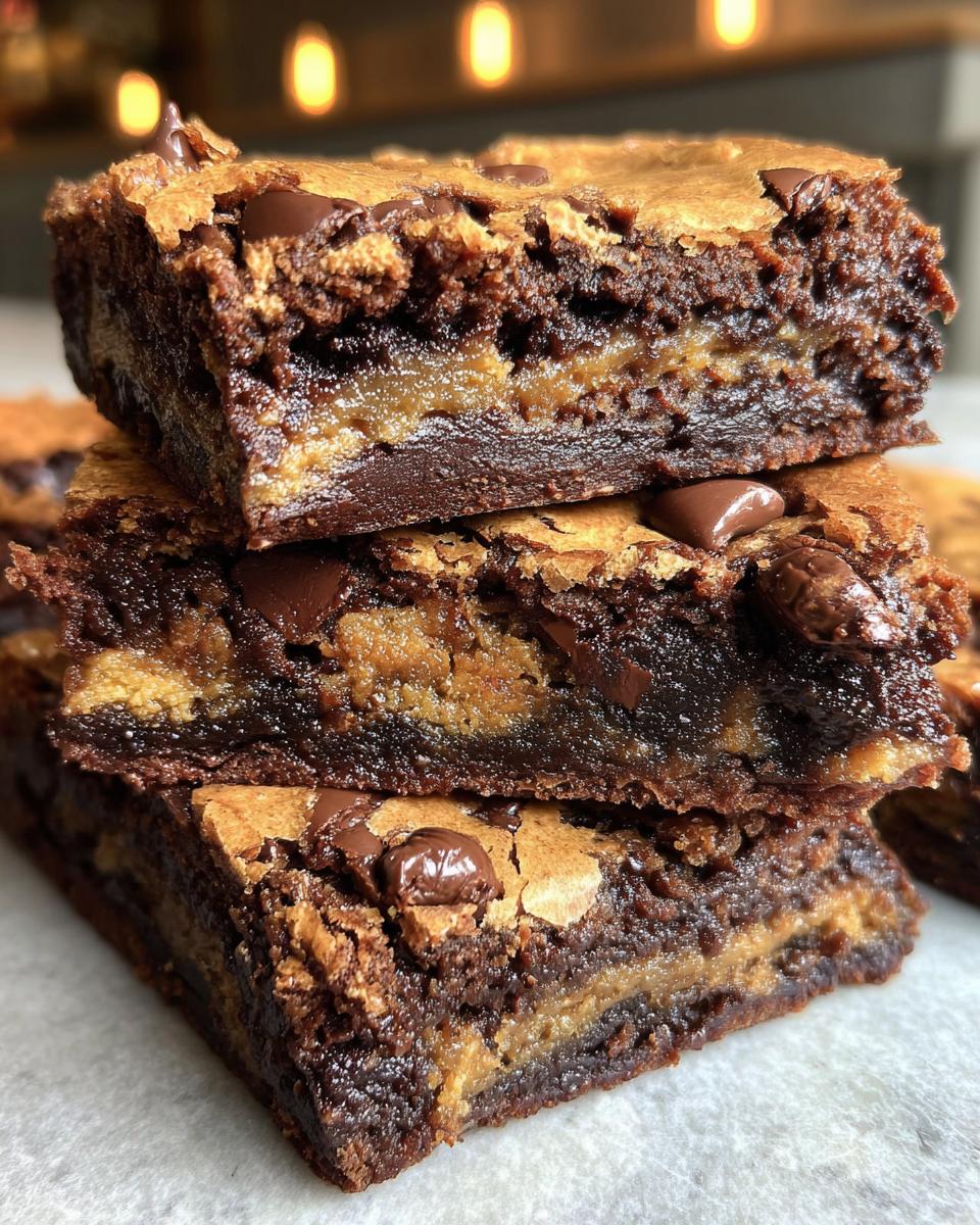 A stack of The Best Fudgy Chewy Brookies, showing layers of chocolate brownie and cookie dough with chocolate chips.