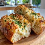 A close-up of a cheesy garlic bread loaf, split open to reveal melted cheese and fresh parsley.