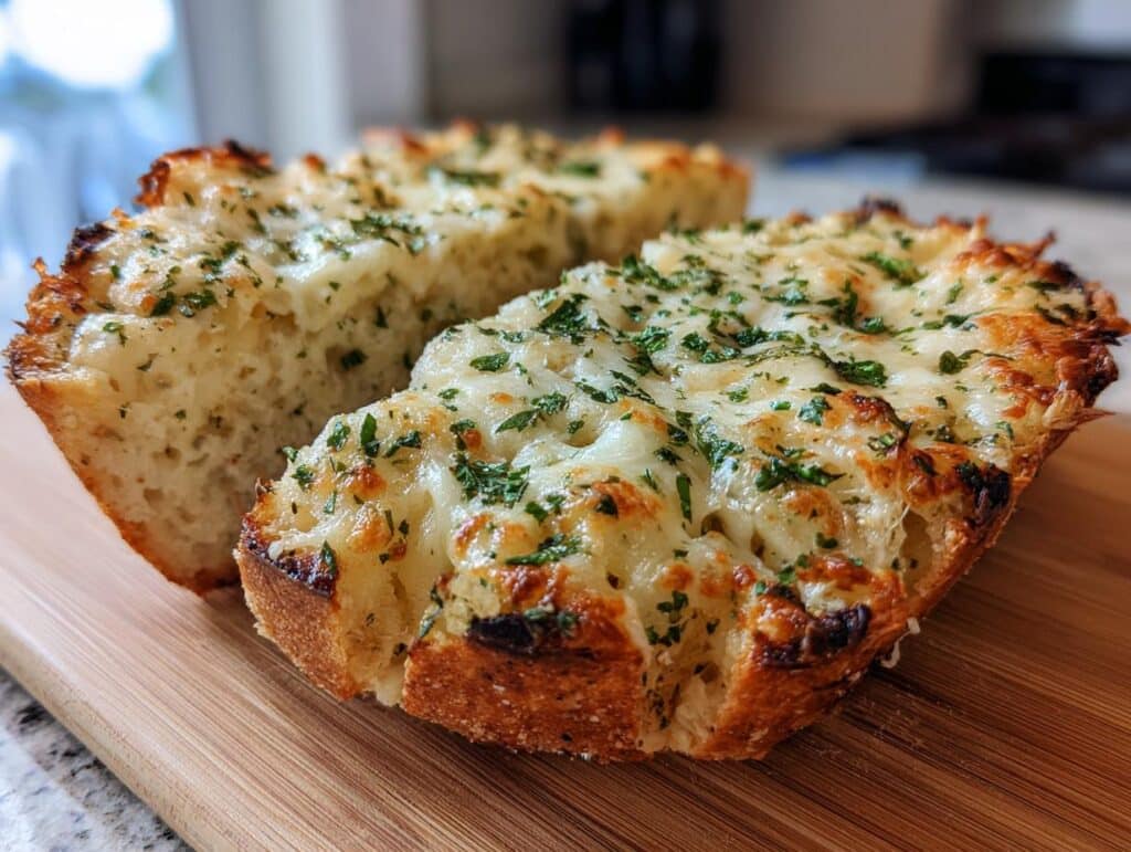 Close-up of golden brown cheesy garlic bread topped with fresh parsley, ready to serve.