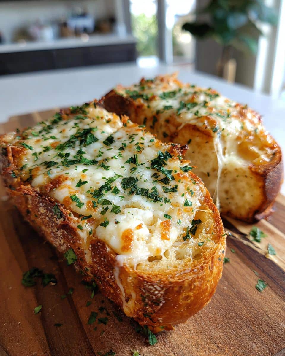 Golden brown slices of cheesy garlic bread topped with fresh parsley, showcasing melted cheese.