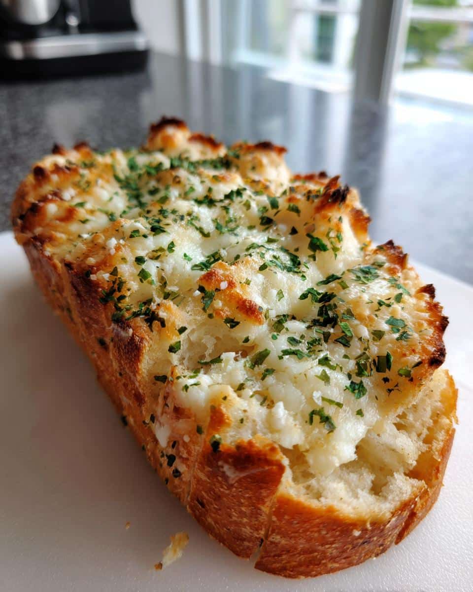 A golden-brown loaf of cheesy garlic bread, topped with melted cheese and fresh parsley.
