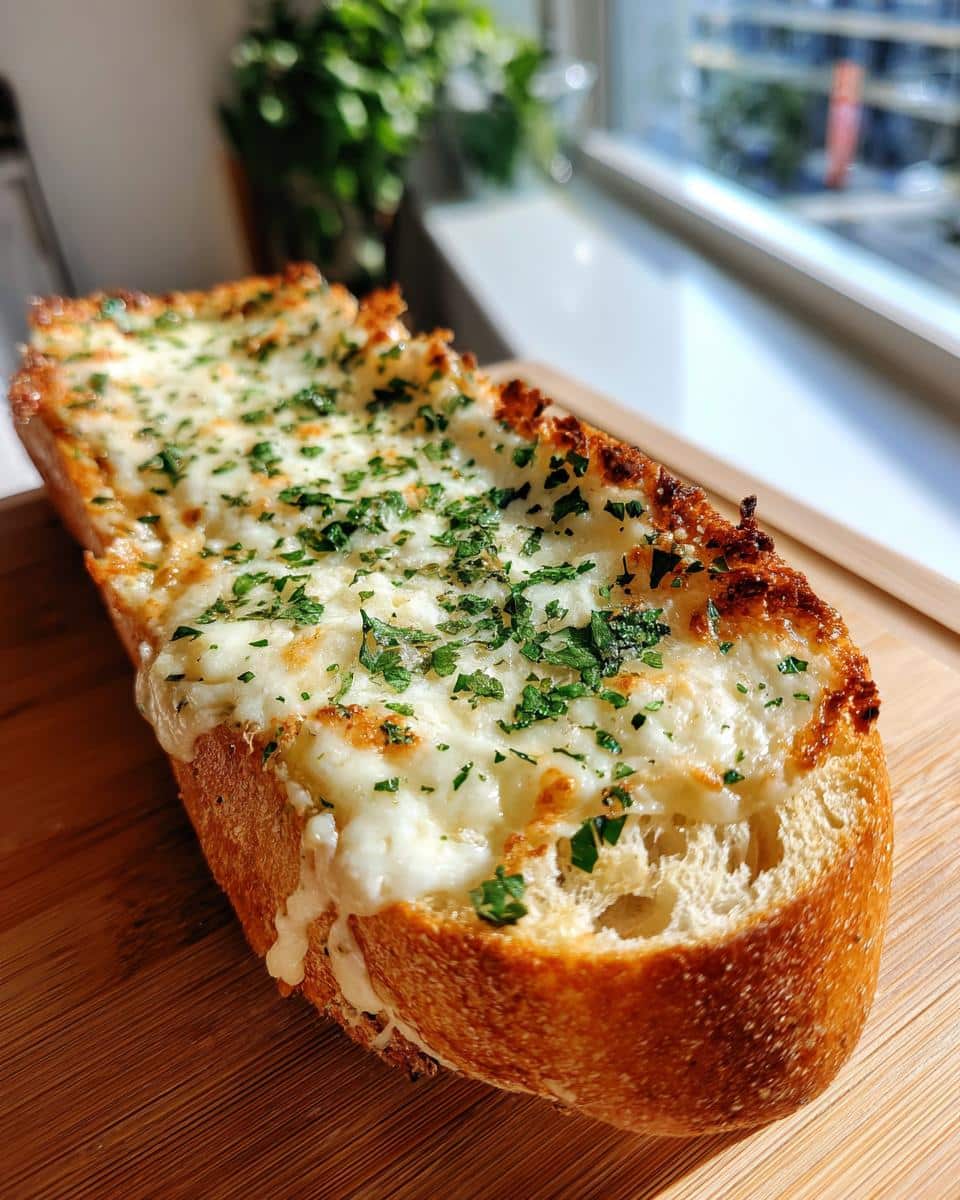 A close-up of a golden-brown loaf of cheesy garlic bread, topped with melted mozzarella and fresh parsley.