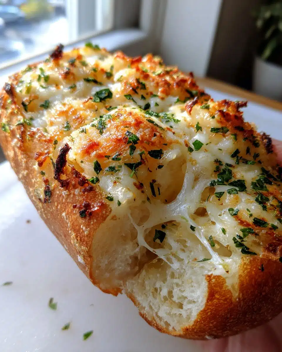 Close-up of a Cheesy Garlic Bread Recipe loaf with melted cheese and fresh parsley, a bite taken out.
