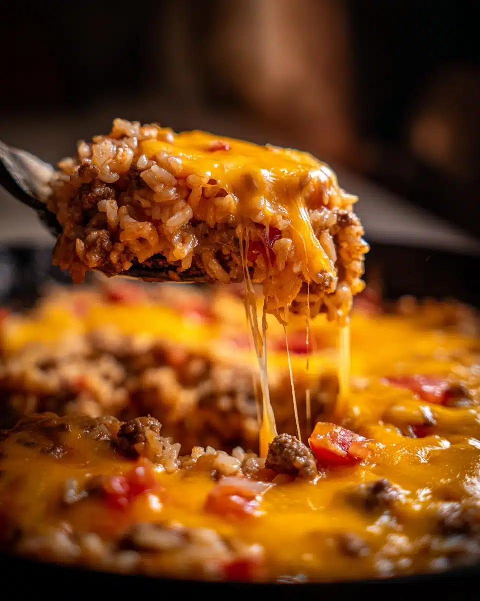 A spoonful of cheesy ground beef and rice skillet, with melted cheese stretching.