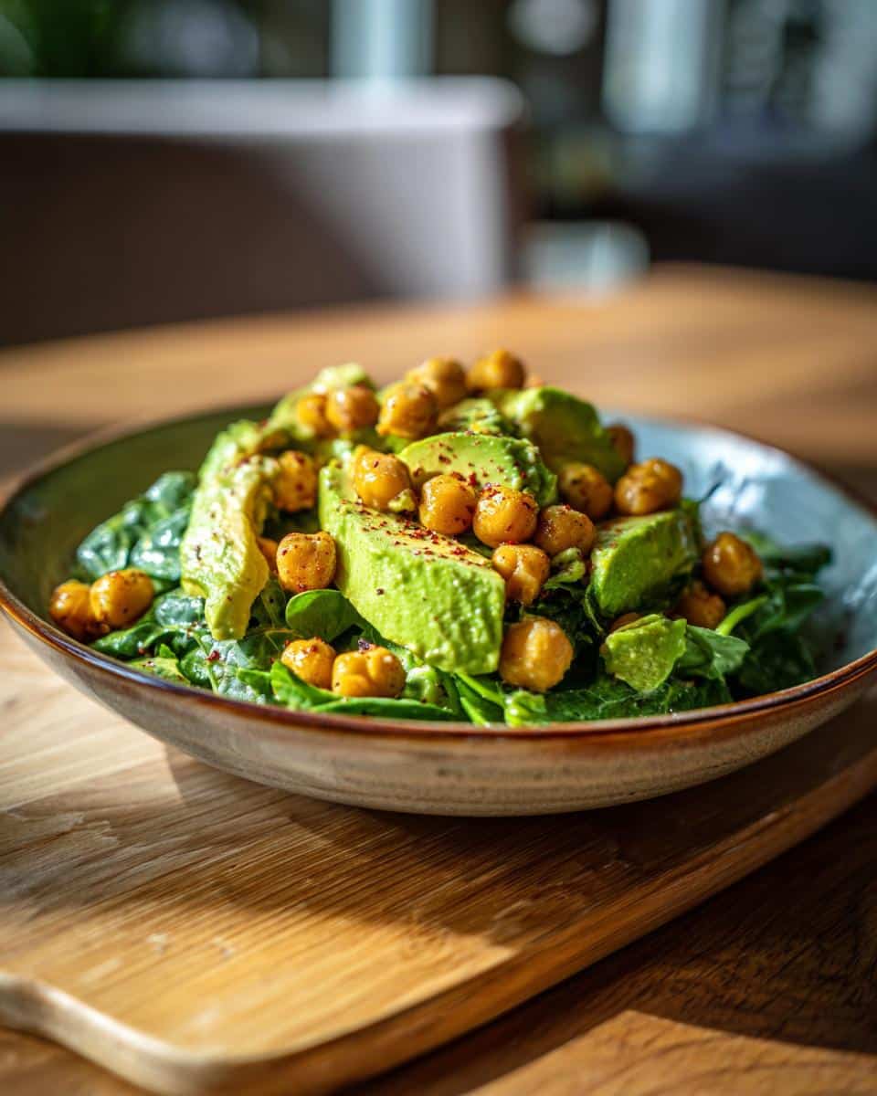 A vibrant bowl of chickpea and avocado salad, featuring creamy avocado slices, protein-rich chickpeas, and fresh greens.