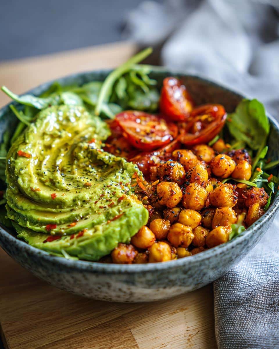 A vibrant bowl of chickpea and avocado salad, featuring sliced avocado, seasoned chickpeas, cherry tomatoes, and greens.