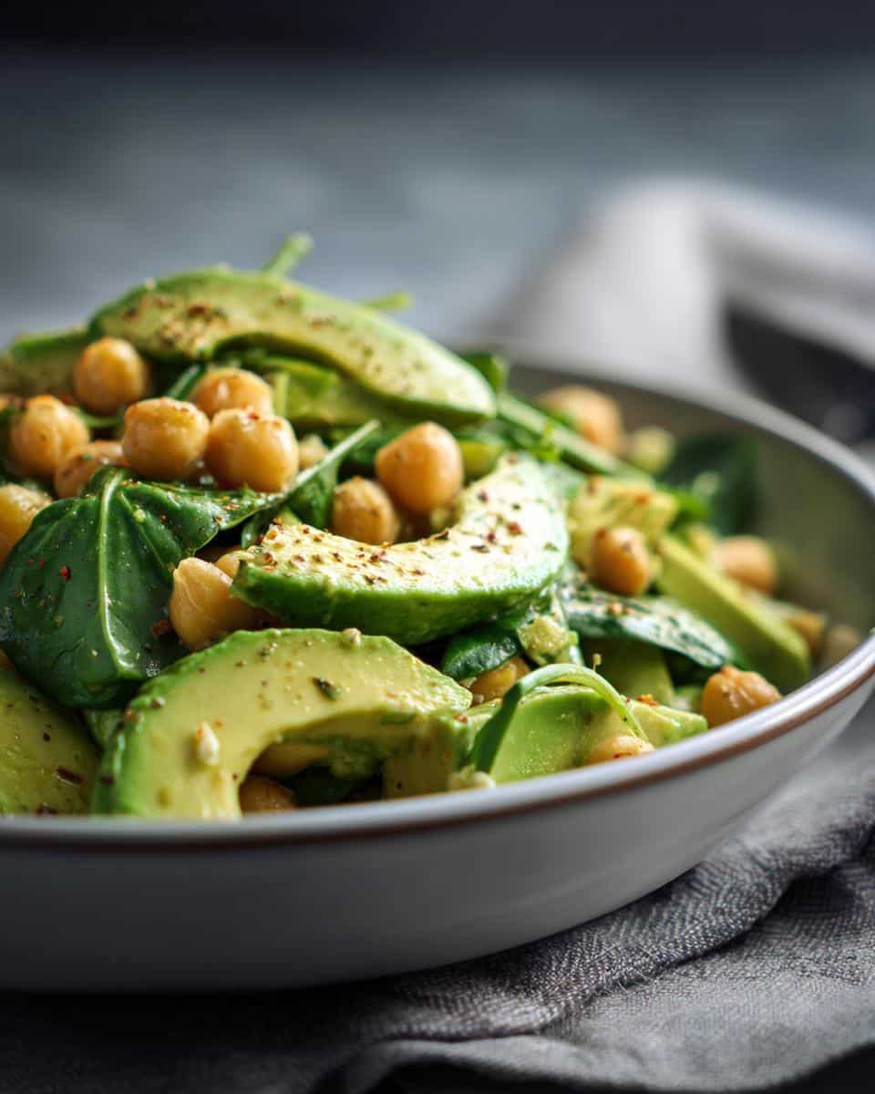 Close-up of a vibrant chickpea and avocado salad with spinach and spices.
