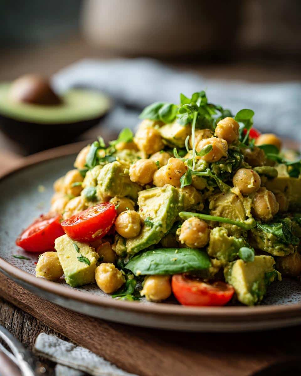 A close-up of a vibrant chickpea and avocado salad with cherry tomatoes and fresh greens.