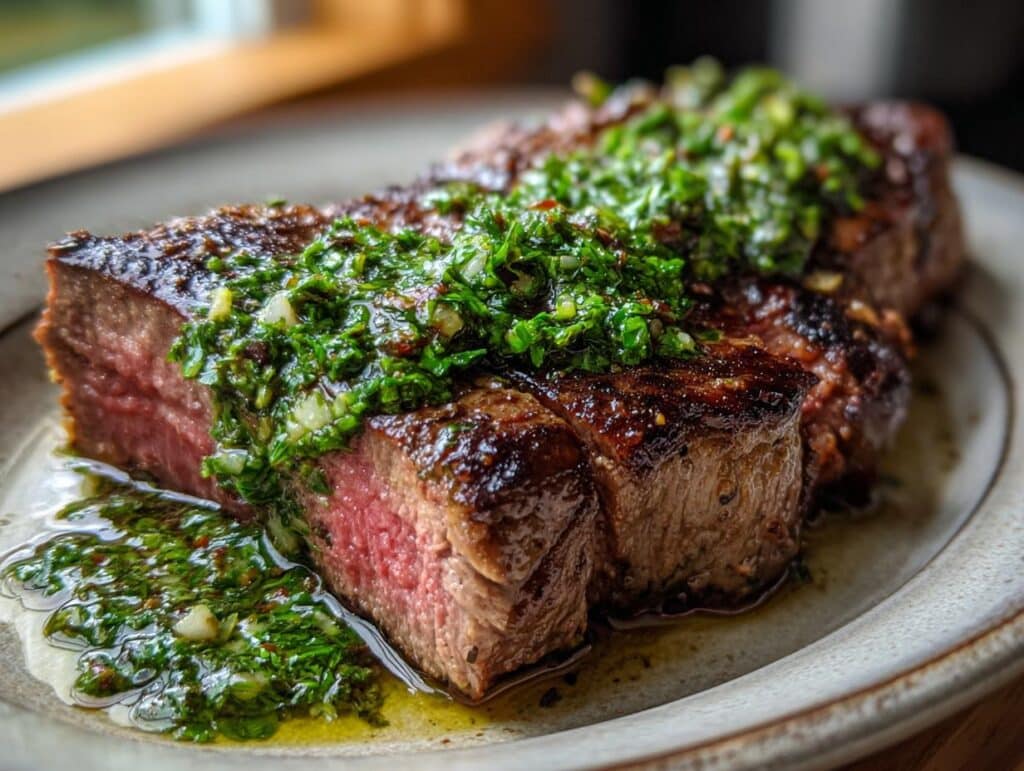 Close-up of a perfectly cooked Chimichurri Air Fryer Steak, sliced and topped with fresh chimichurri sauce.