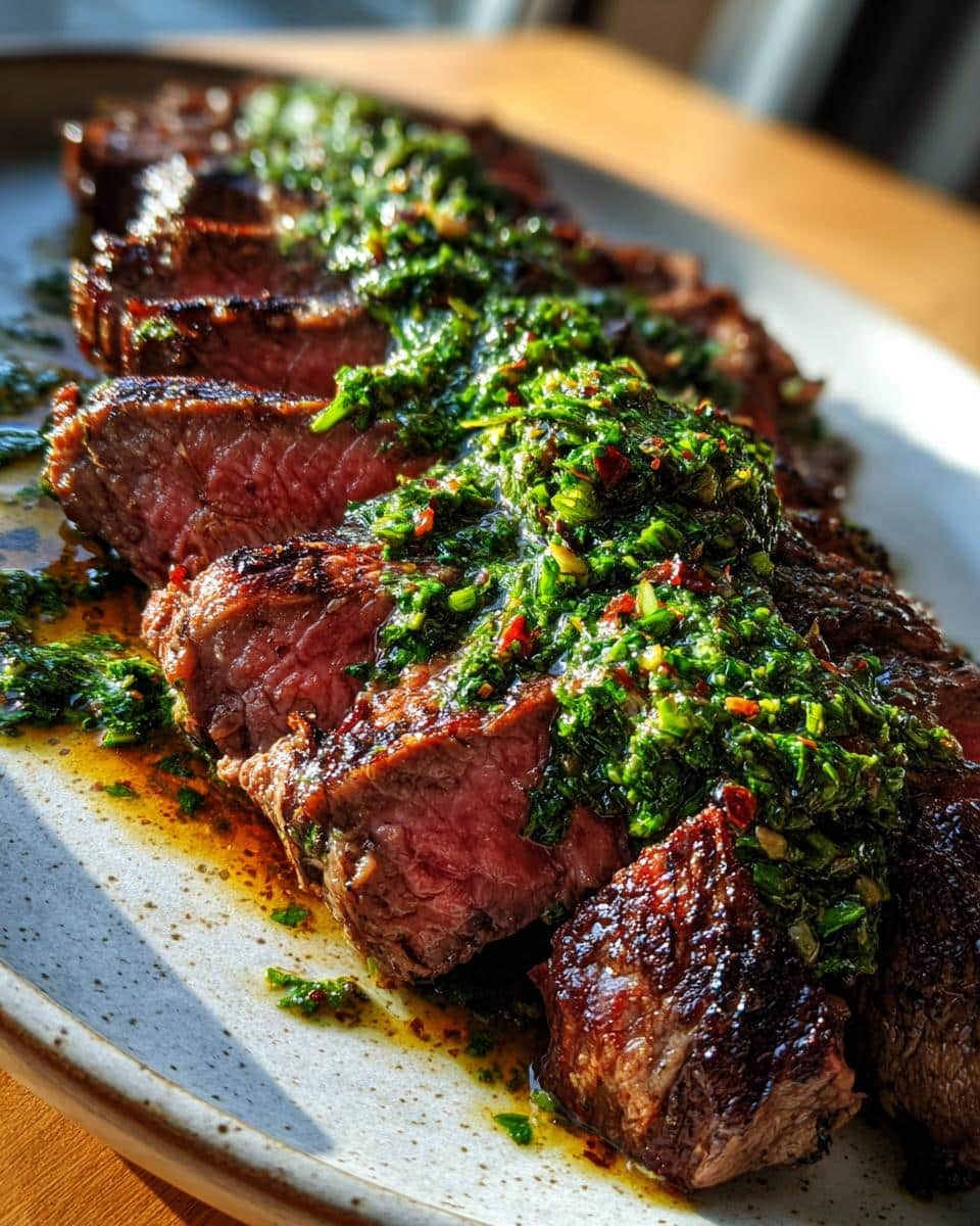 Close-up of sliced Chimichurri Air Fryer Steak, showing medium-rare interior and vibrant green chimichurri sauce.