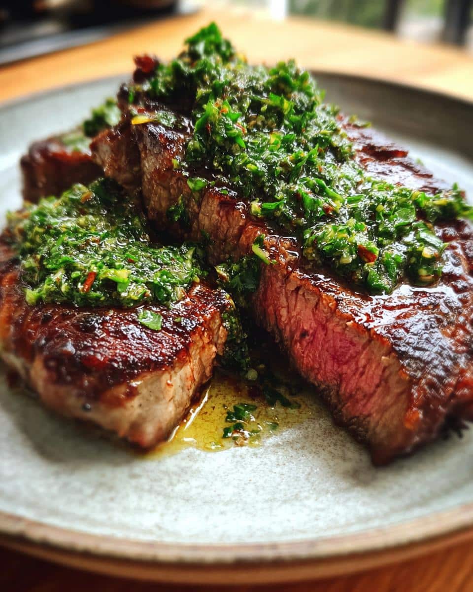 Close-up of a juicy Chimichurri Air Fryer Steak, sliced to reveal a perfect medium-rare interior and topped with vibrant green chimichurri sauce.