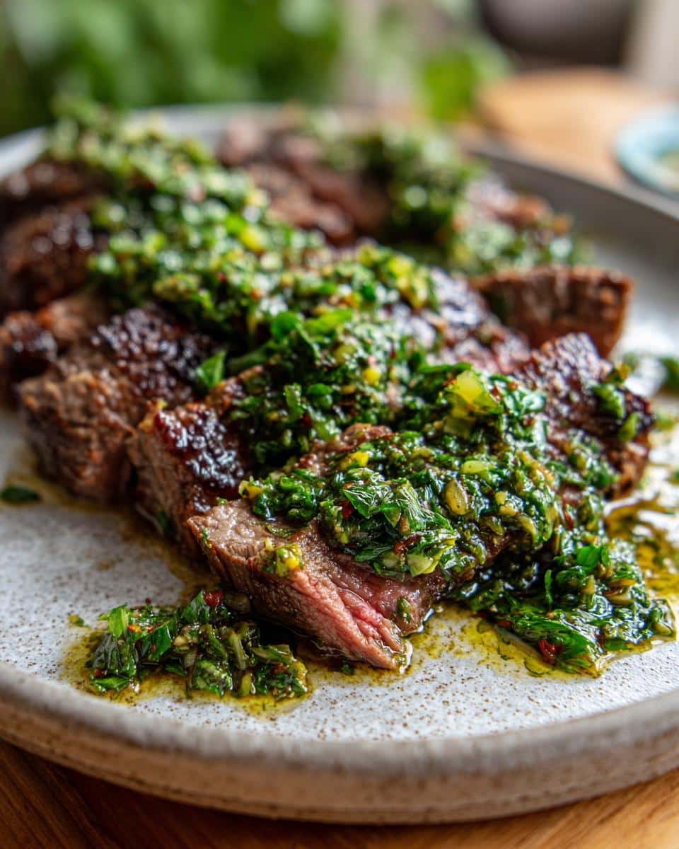 Close-up of sliced Chimichurri Air Fryer Steak, generously topped with vibrant green chimichurri sauce.