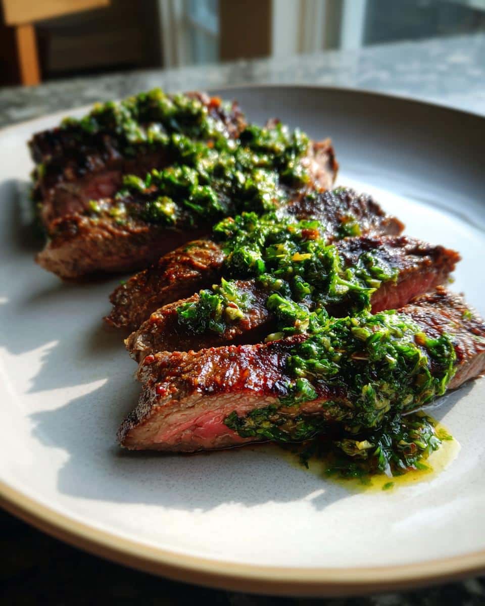 Close-up of sliced Chimichurri Air Fryer Steak, juicy and topped with vibrant green chimichurri sauce.