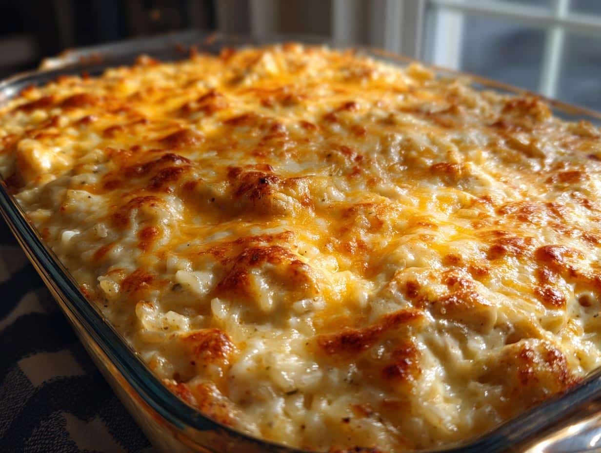 Close-up of a bubbly, cheesy Classic 1950s Meatloaf casserole fresh from the oven.