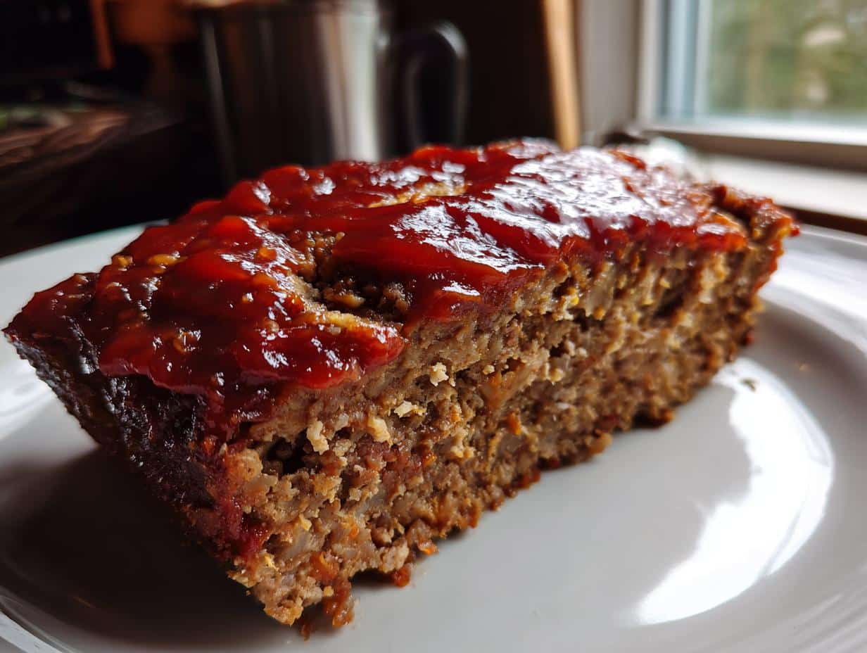 A close-up of a slice of Classic 1950s Meatloaf topped with a shiny ketchup glaze.