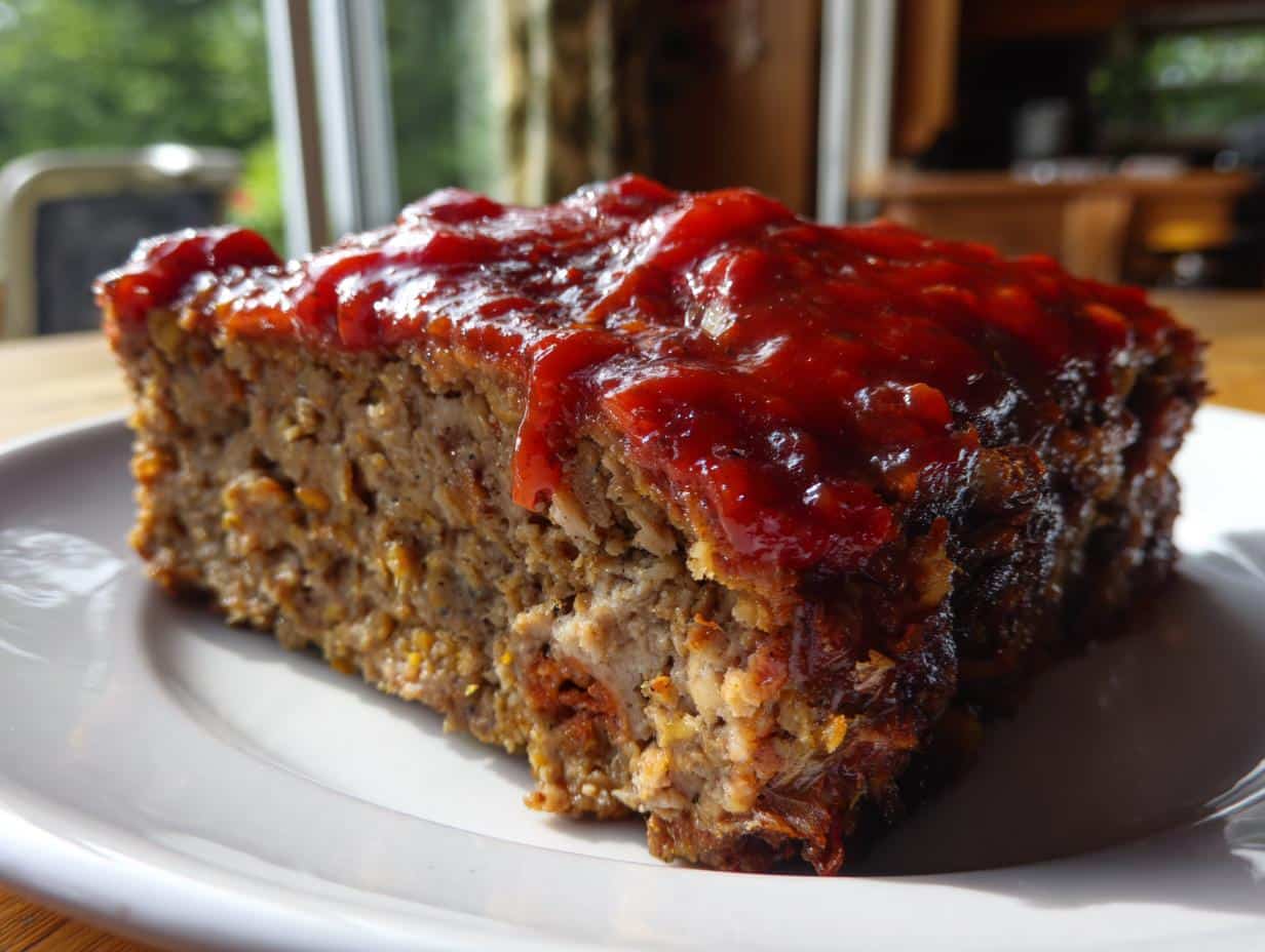A thick slice of Classic 1950s Meatloaf topped with a glossy red glaze, served on a white plate.