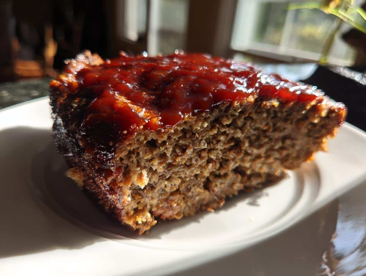 A close-up of a slice of Classic 1950s Meatloaf, topped with a shiny red glaze.