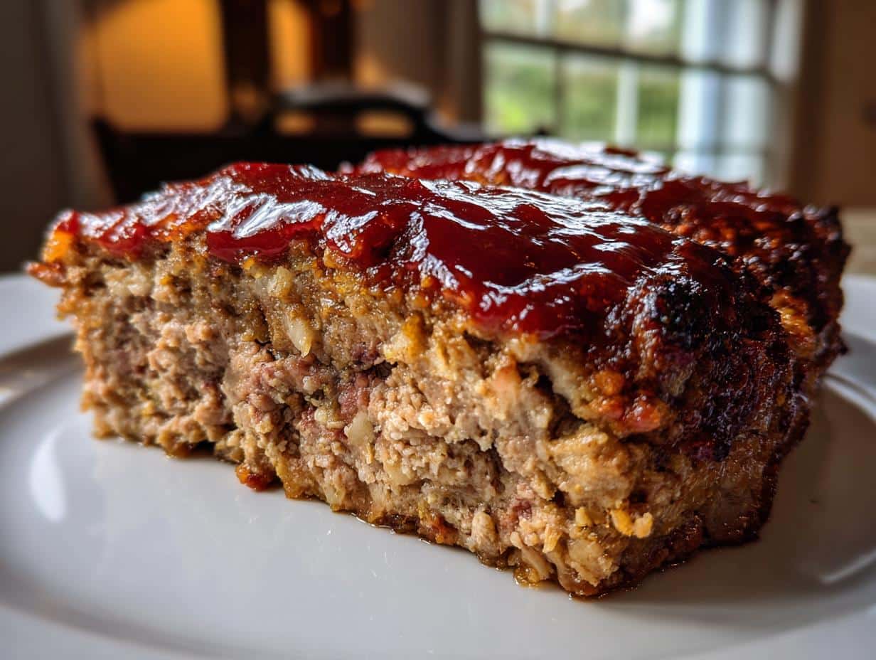 A close-up of a thick slice of Classic 1950s Meatloaf, topped with a savory glaze.