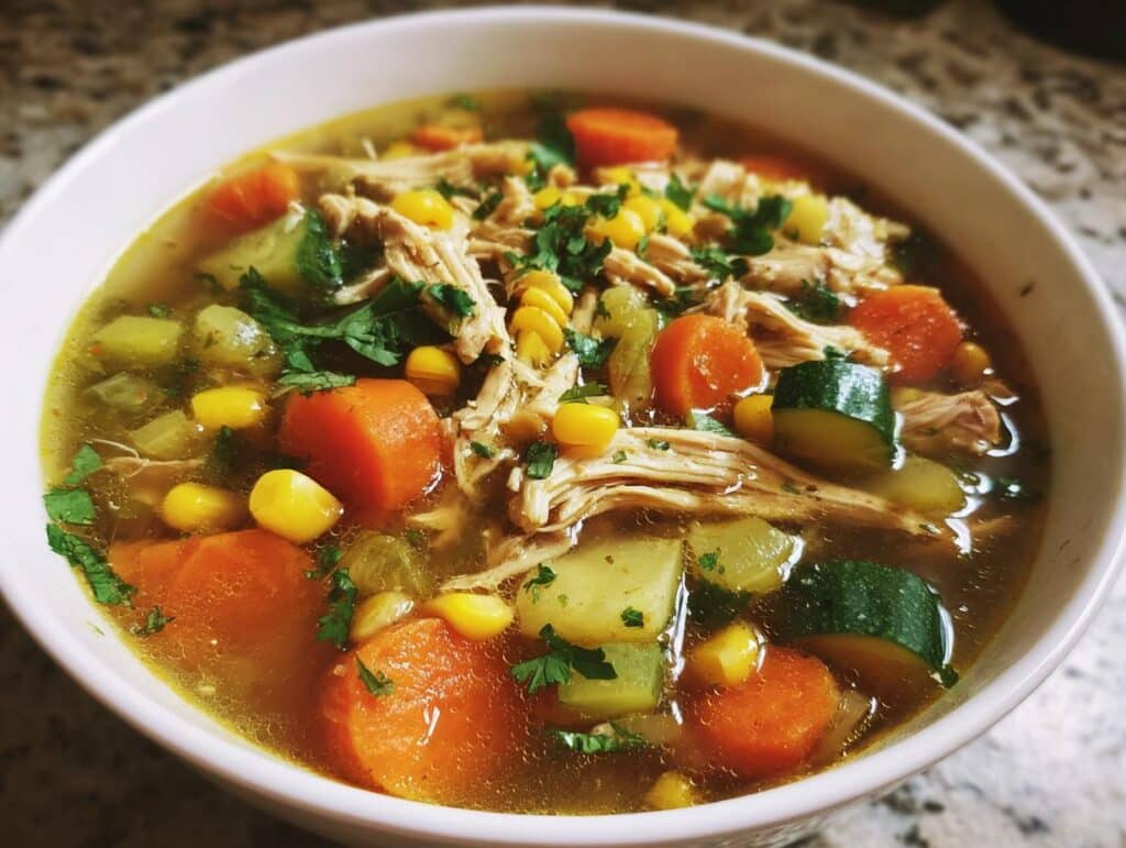 A close-up of a bowl of Classic Caldo De Pollo Mexican Chicken Soup with shredded chicken, carrots, zucchini, corn, and cilantro.
