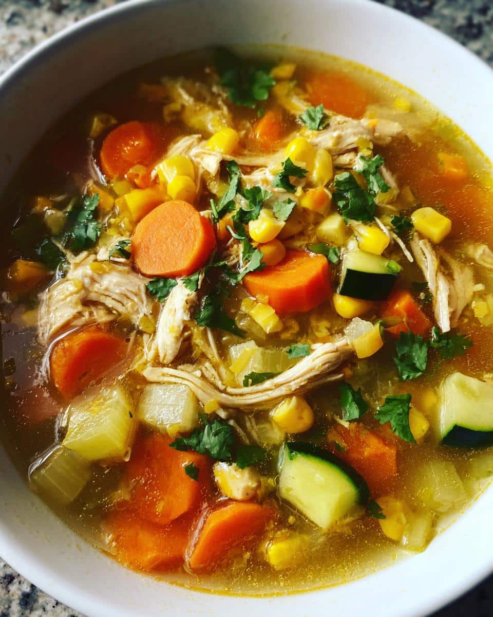 A steaming bowl of Classic Caldo De Pollo Mexican Chicken Soup with shredded chicken, carrots, corn, and zucchini.