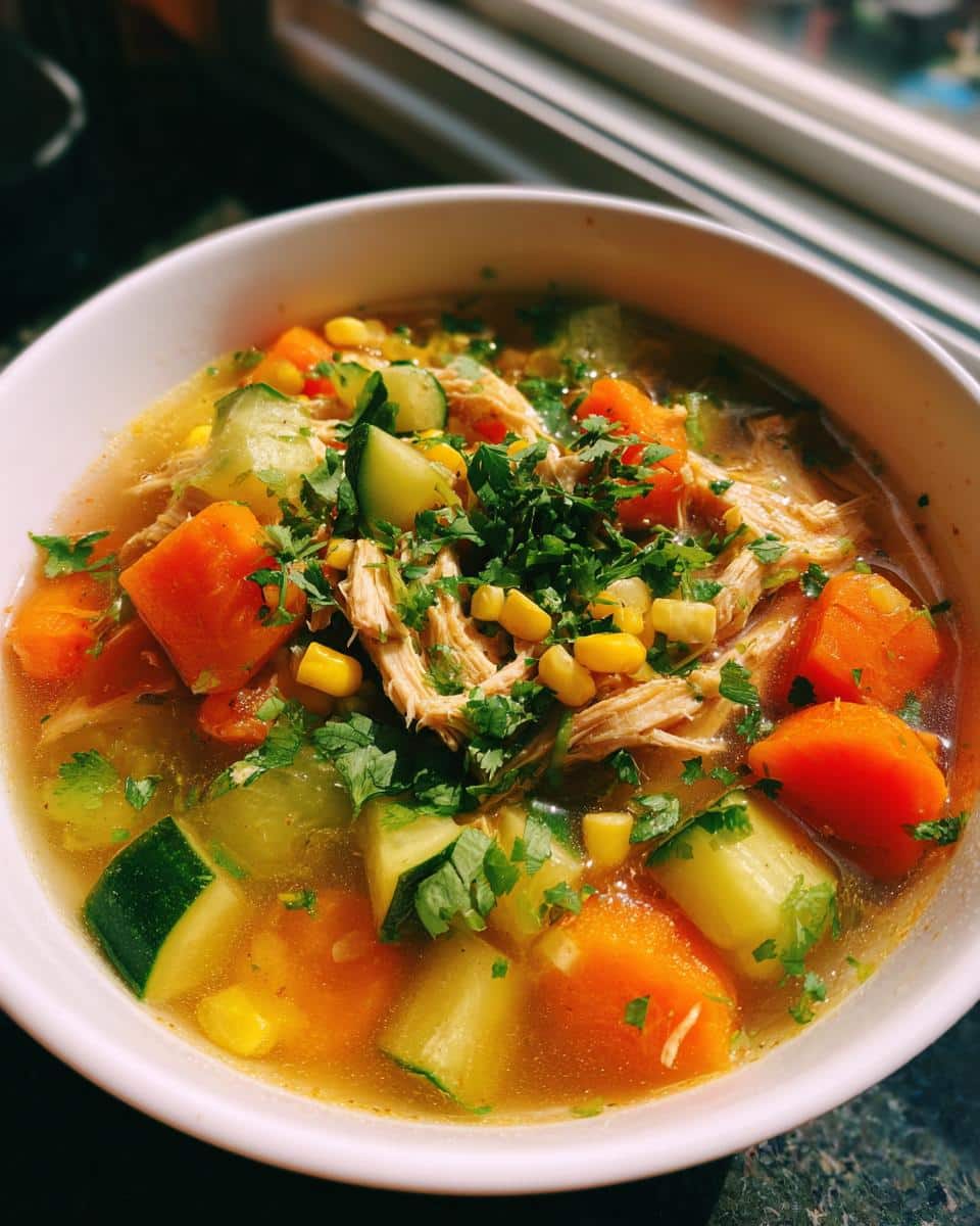 A close-up of a steaming bowl of Classic Caldo De Pollo Mexican Chicken Soup, filled with shredded chicken, carrots, zucchini, and corn, garnished with fresh cilantro.