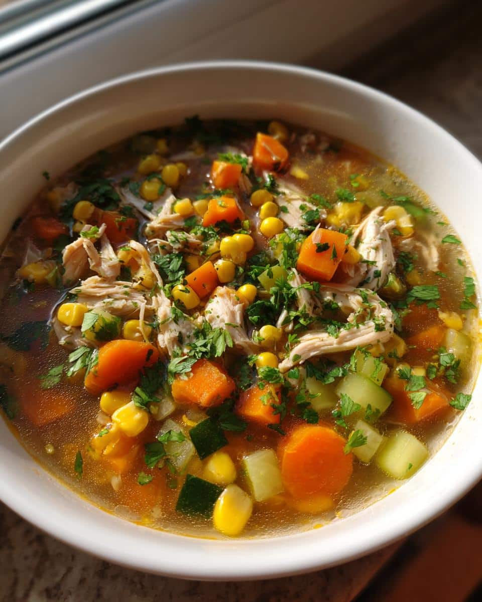 A close-up of a steaming bowl of Classic Caldo De Pollo Mexican Chicken Soup, filled with shredded chicken, corn, carrots, and zucchini.