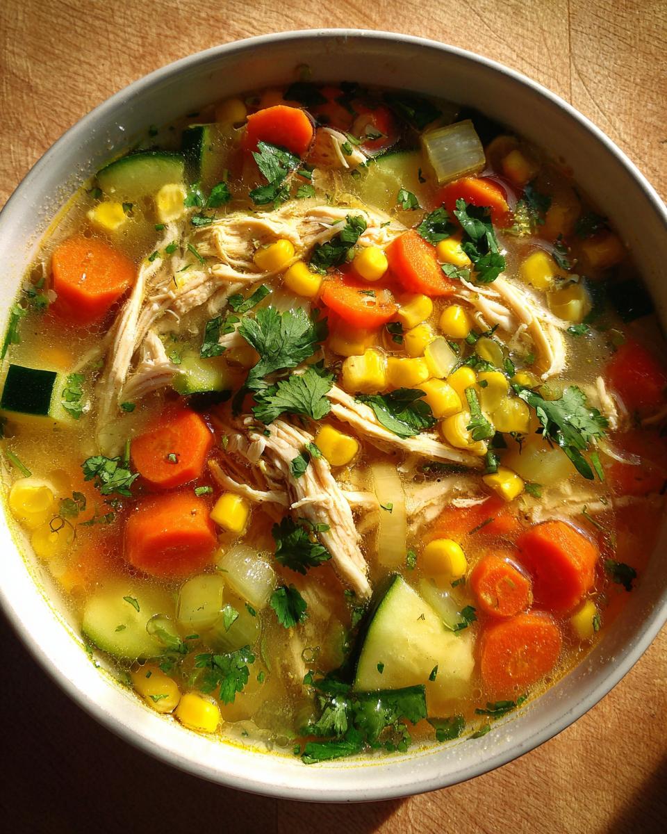 A close-up overhead view of a bowl of Classic Caldo De Pollo Mexican Chicken Soup, filled with shredded chicken, corn, carrots, and zucchini.