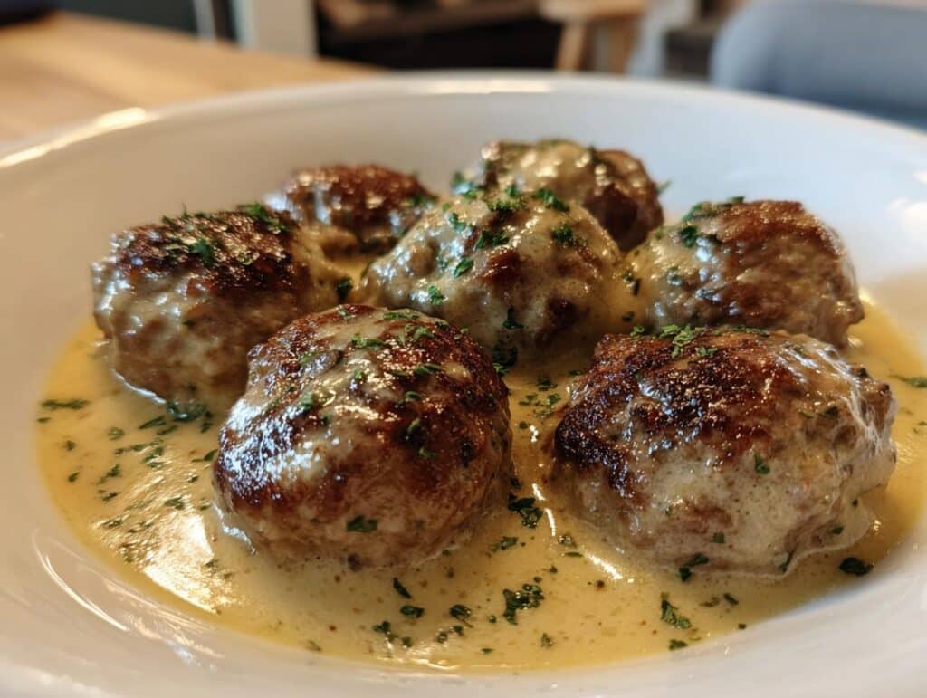 A close-up of Classic Swedish Meatballs with Creamy Sauce, garnished with parsley, in a white bowl.