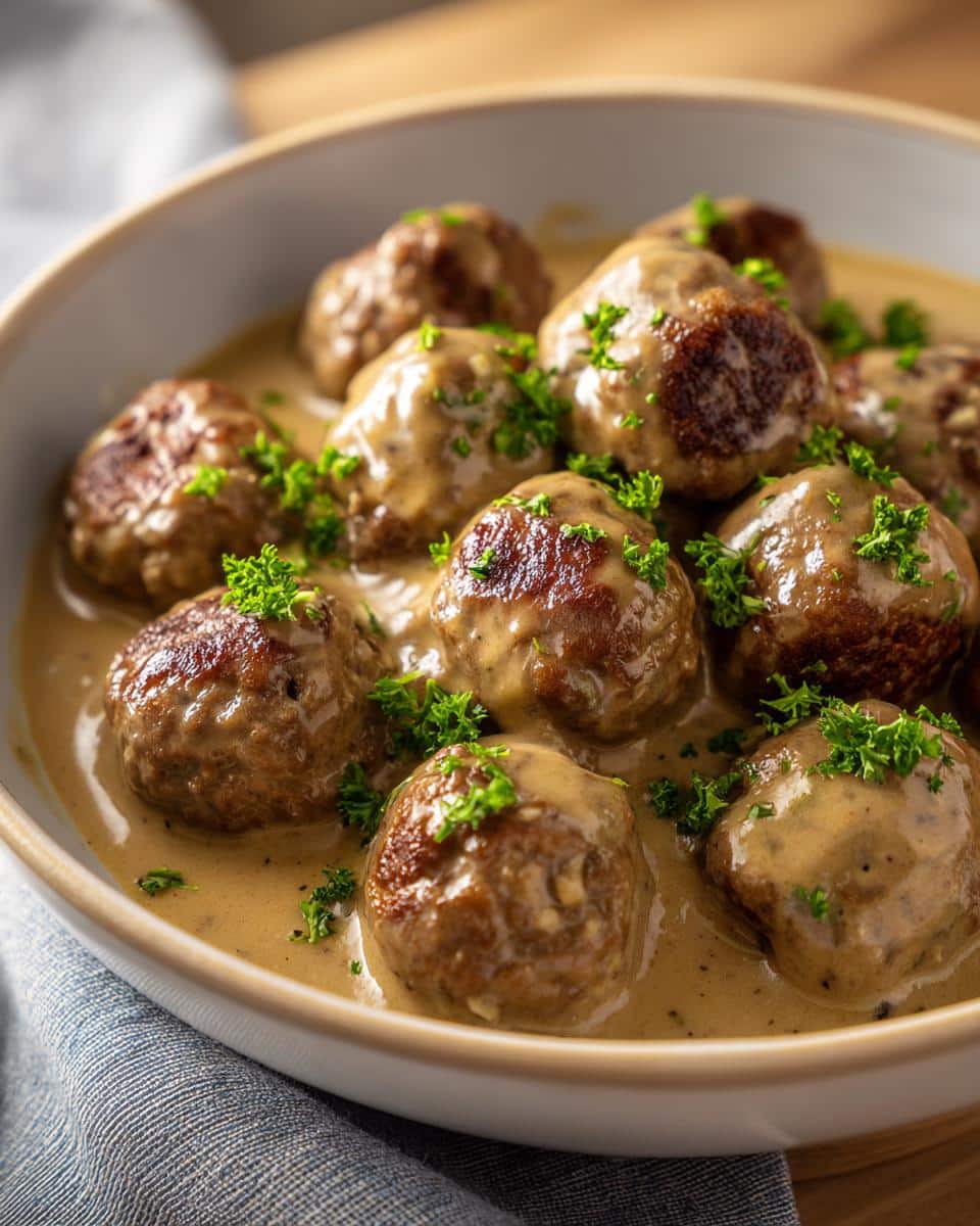 Close-up of Classic Swedish Meatballs generously coated in a creamy sauce and garnished with fresh parsley.
