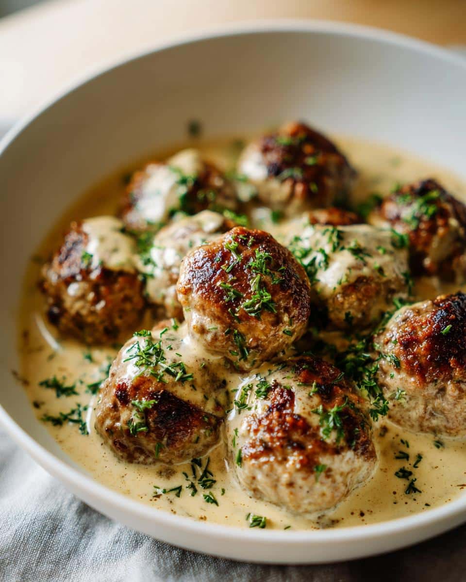Close-up of Classic Swedish Meatballs with Creamy Sauce, garnished with fresh parsley.